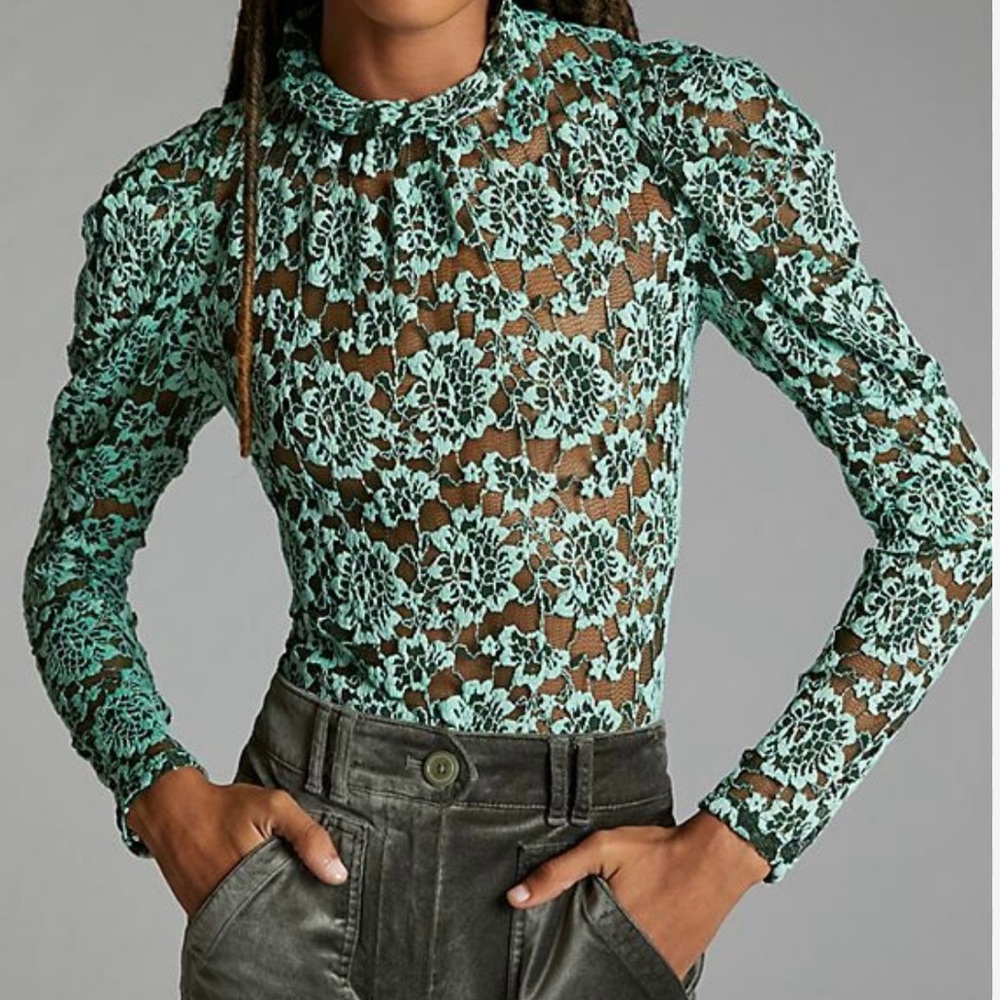 Anthropologie Mint Floral Lace Blouse